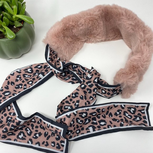Women Scarf Bow Tie Warm Plush Fur Gold Leopard - Picture 1 of 5